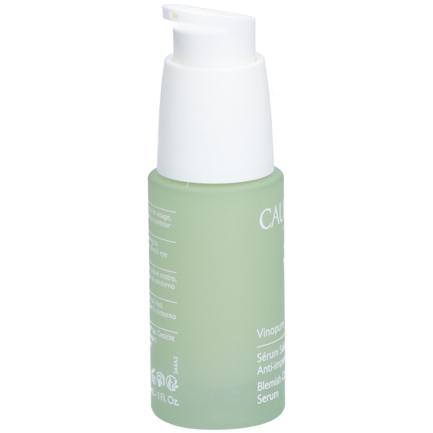 Grüne Flasche mit weißem Pumpkopf. Aufschrift: Caudalie, Vinopure, Serum Salicylique Anti-imperfections.