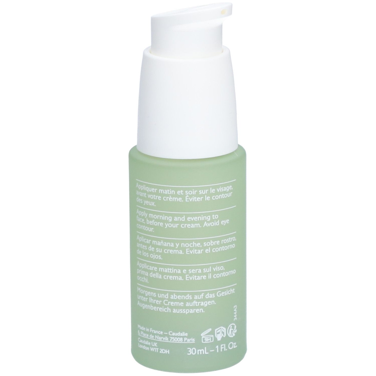 Grüne Flasche mit weißem Pumpkopf. Rückseite mit Text. Aufschrift: 30ml - 1 fl oz.