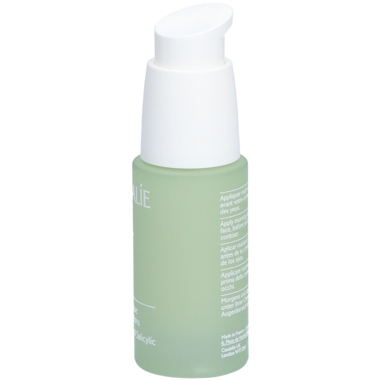 Grüne Flasche mit weißem Pumpkopf. Aufschrift: Caudalie, Vinopure, Serum Salicylique Anti-imperfections.