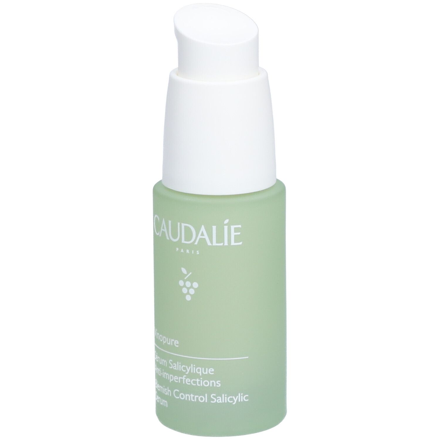 Grüne Flasche mit weißem Pumpkopf. Aufschrift: Caudalie, Vinopure, Serum Salicylique Anti-imperfections.