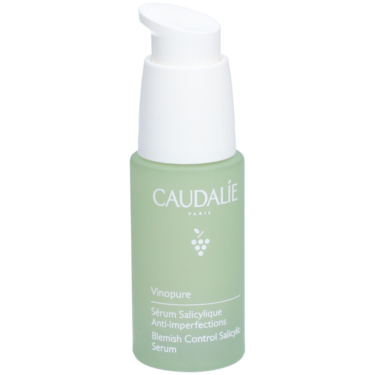 Grüne Flasche mit weißem Pumpkopf. Aufschrift: Caudalie, Vinopure, Serum Salicylique Anti-imperfections.