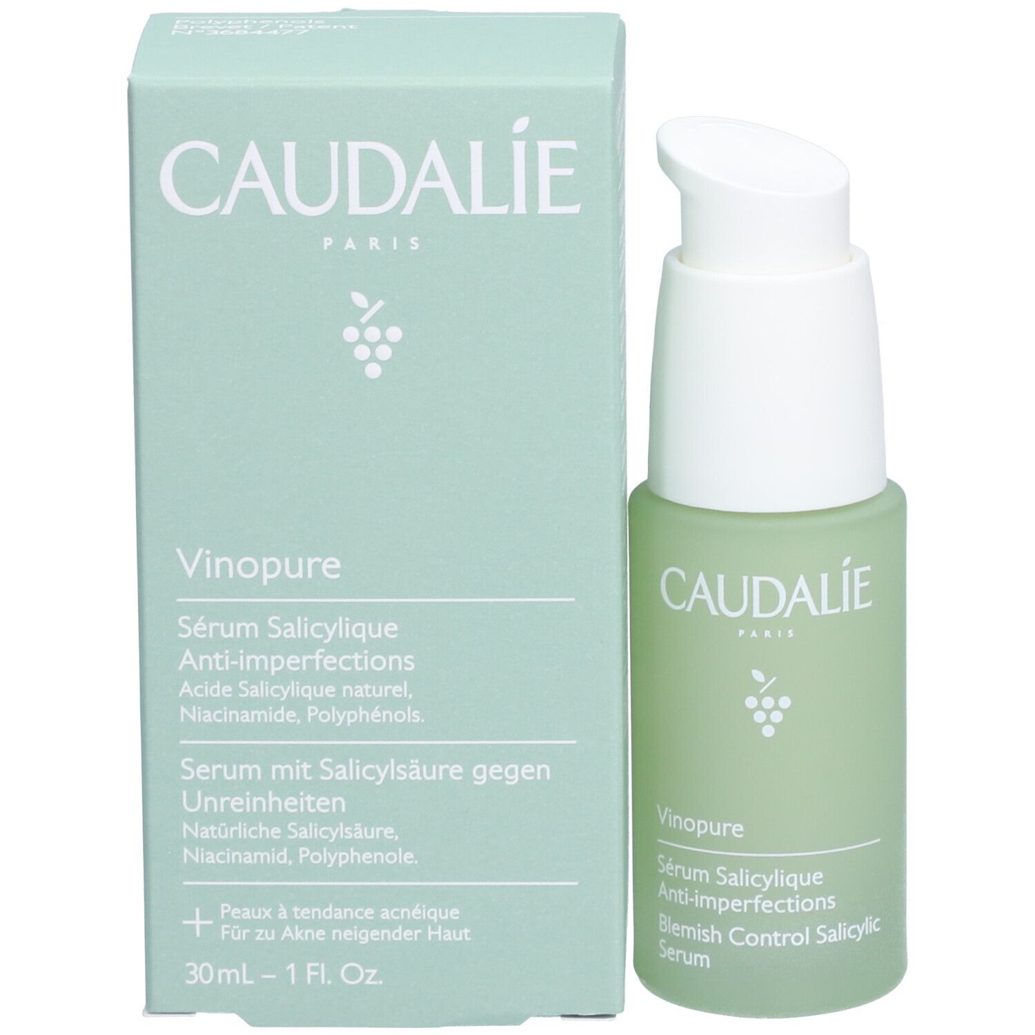 Grüne Flasche und Schachtel. Aufschrift: Caudalie, Vinopure, Serum Salicylique Anti-imperfections. 30ml - 1 fl oz.