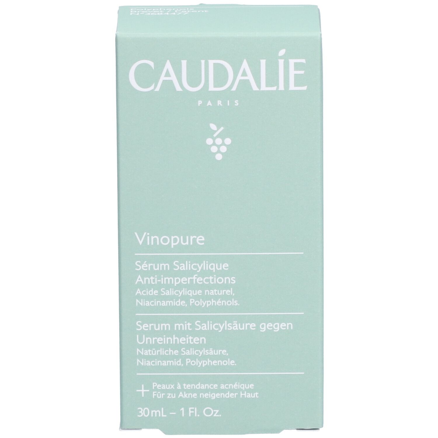 Grüne Schachtel. Aufschrift: Caudalie, Vinopure, Serum Salicylique Anti-imperfections. 30ml - 1 fl oz.