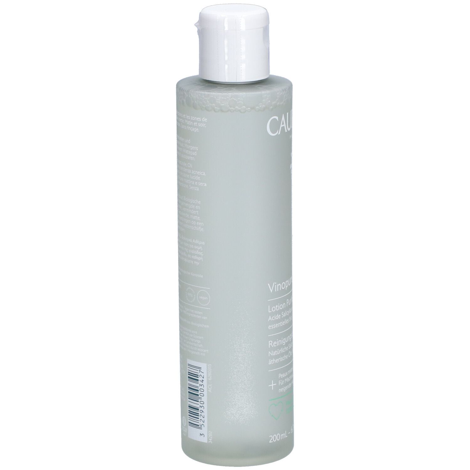 Rückseite der grünen Flasche mit weißem Deckel. Text in mehreren Sprachen. 200ml. Barcode.