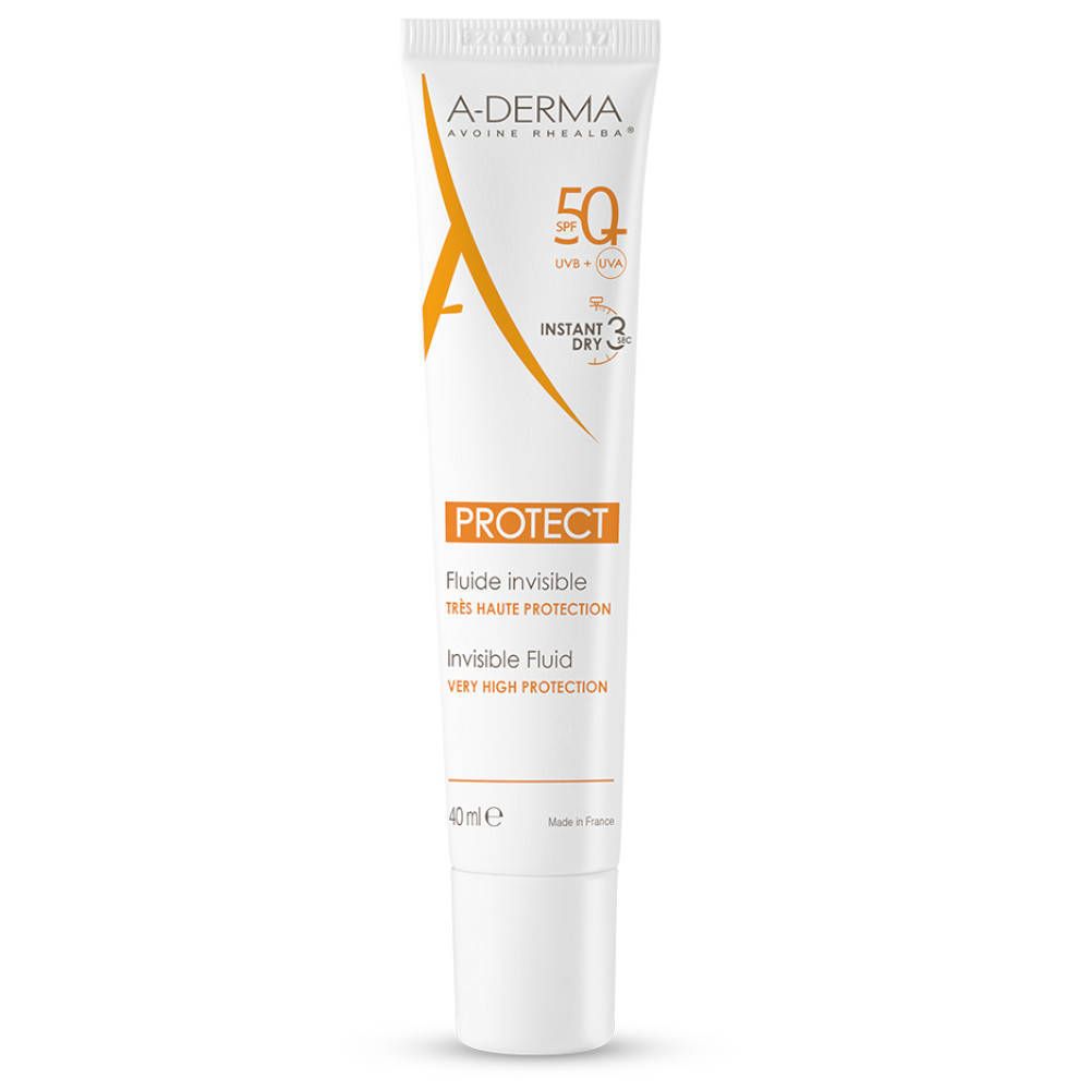 Tube blanc avec logo et texte orange. Nom du produit: PROTECT. Texte: Fluide invisible, Invisible Fluid, SPF 50+.