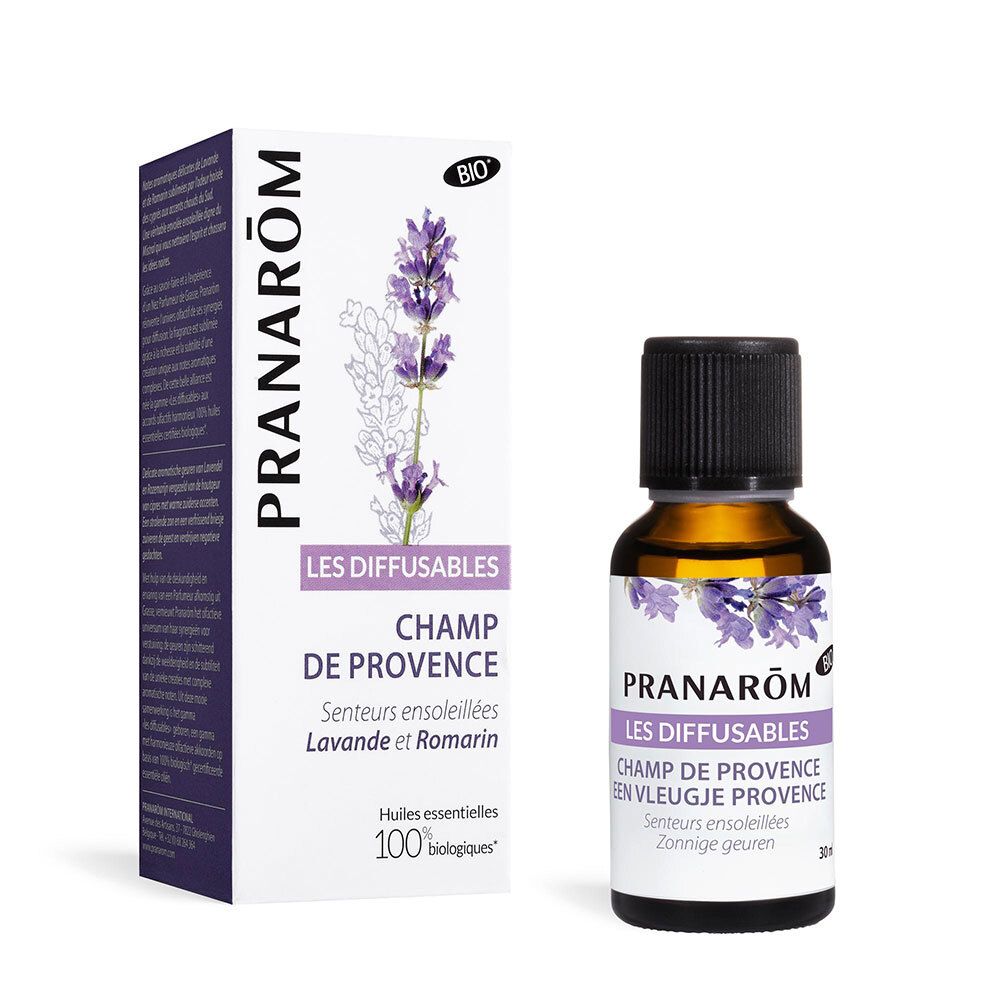 PRANAROM Champ de Provence. Flacon et emballage. Parfum lavande et romarin. 100% biologique.