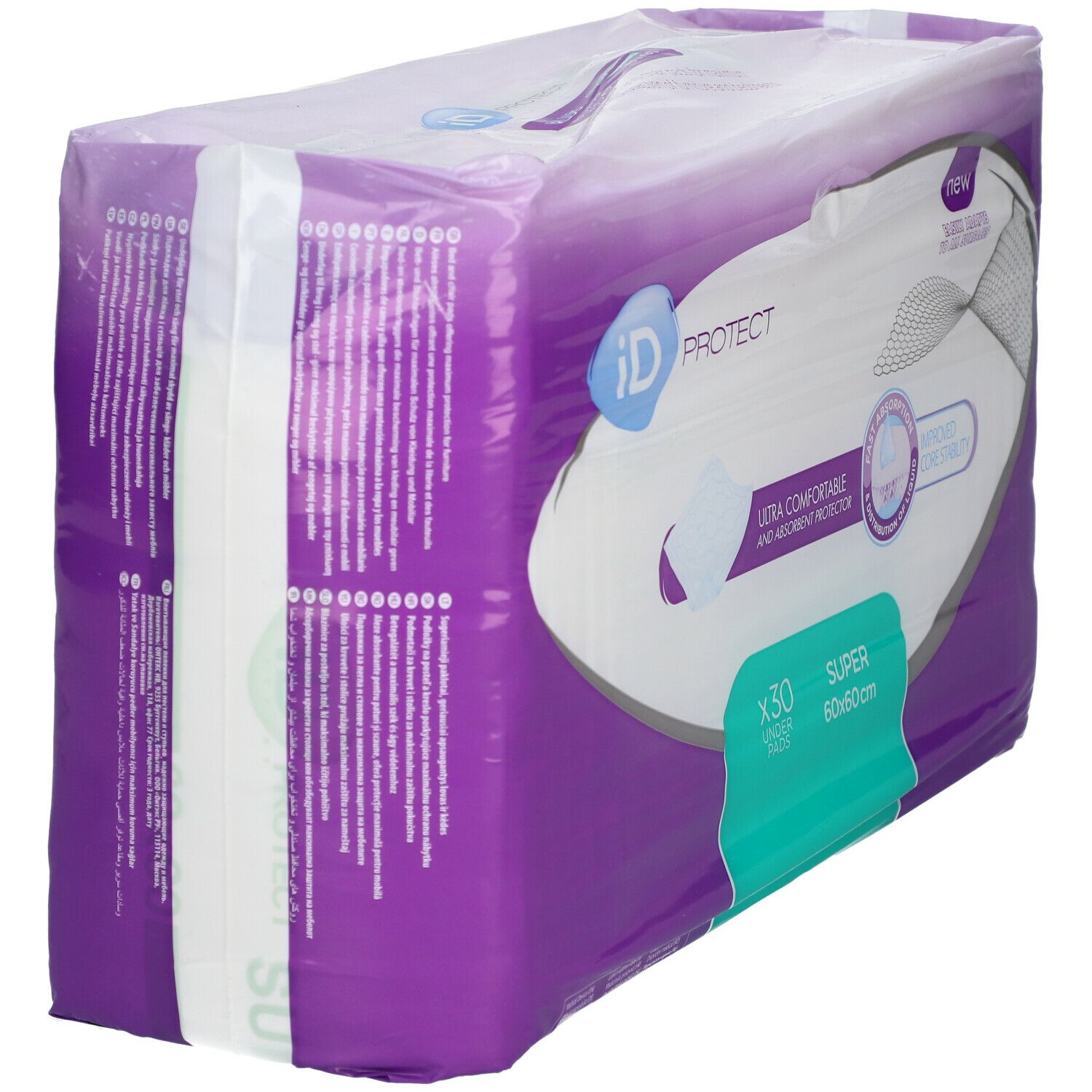 Verpakking iD Expert Protect 60x60 Super. Paarse verpakking. Tekst: iD, PROTECT, Ultra Comfort, 30 stuks, 60x60cm.