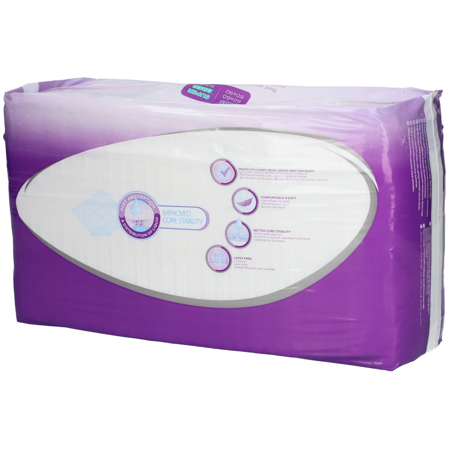 iD Expert Protect 60x60 Super, in paarse verpakking. Tekst: iD, PROTECT, Core Stability, Comfort, Absorptie, Geurcontrole.