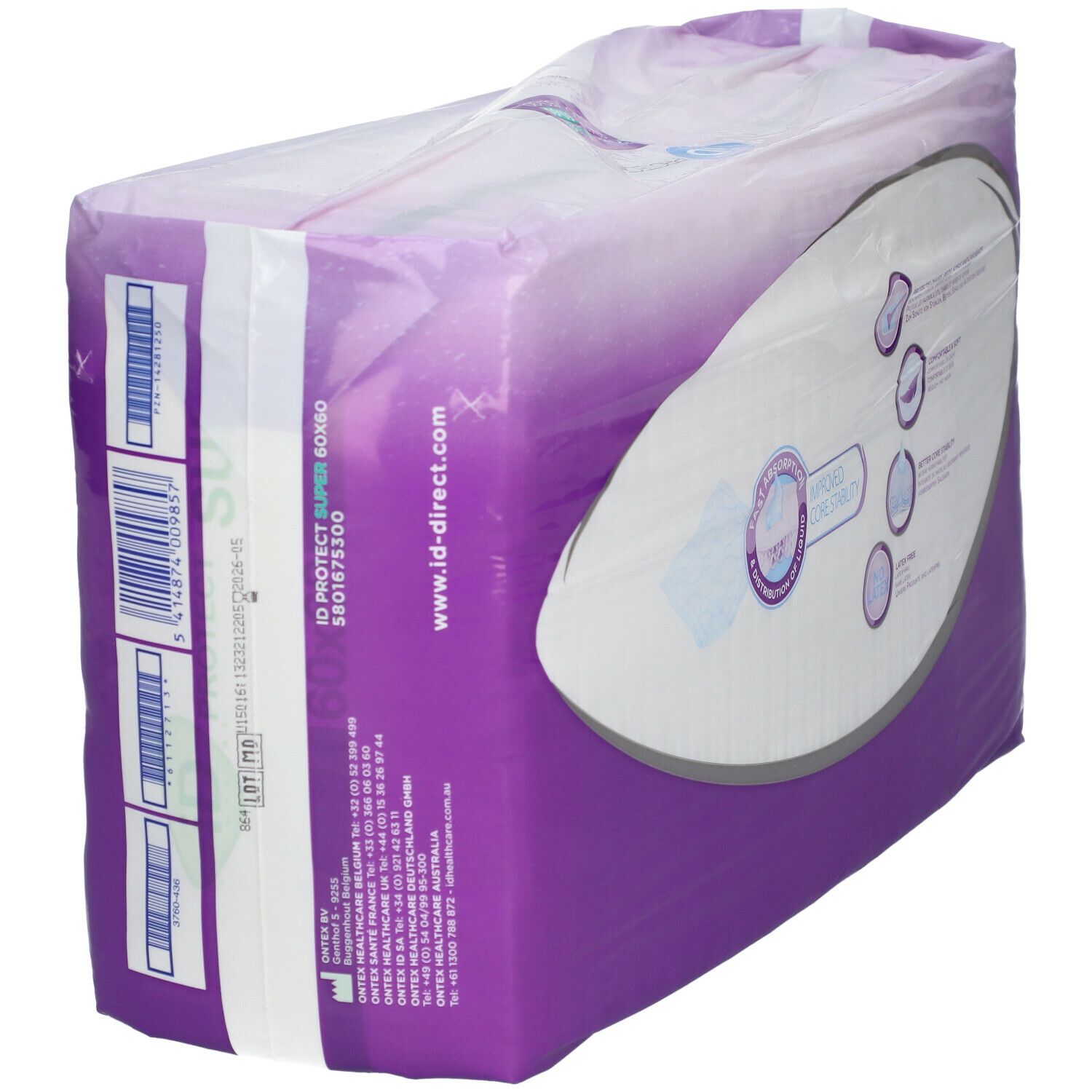 iD Expert Protect, 60x60 Super, in paarse verpakking. Tekst: iD, PROTECT, 60x60cm, www.id-direct.com. Barcodes.