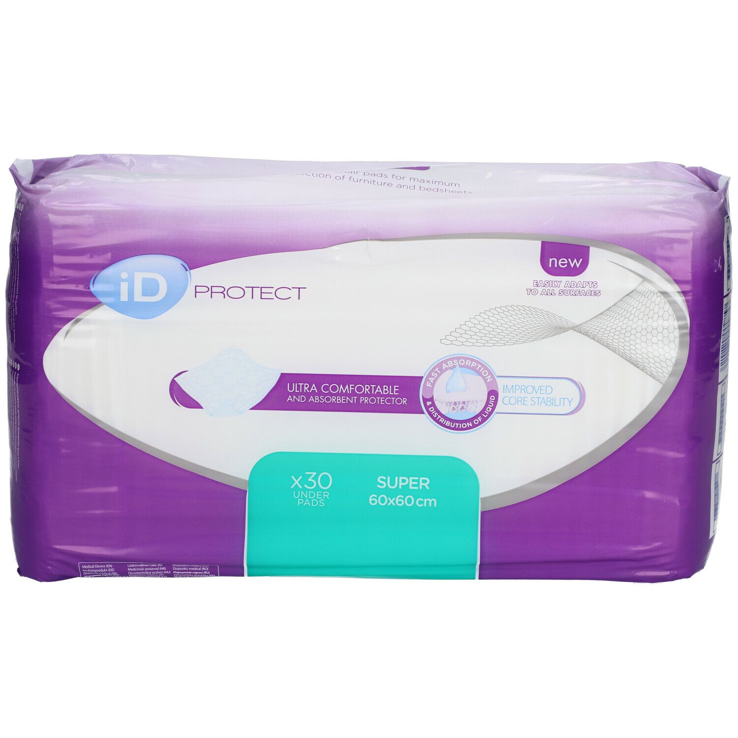 iD Expert Protect, 60x60 Super, in paarse verpakking. Tekst: iD, PROTECT, Ultra Comfort, 30 stuks, 60x60cm, nieuw.