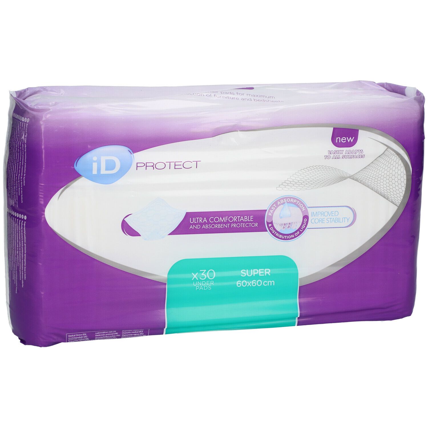 iD Expert Protect, 60x60 Super, in paarse verpakking. Tekst: iD, PROTECT, Ultra Comfort, 30 stuks, 60x60cm, nieuw.