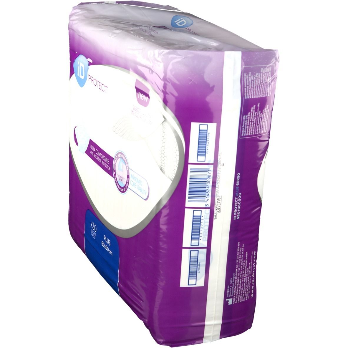 iD PROTECT Plus Verpackung, schräg. 30 Stück, 60x90cm. Mit Barcodes. 'Ultra bequem und saugfähig'. 'Easy Access'.