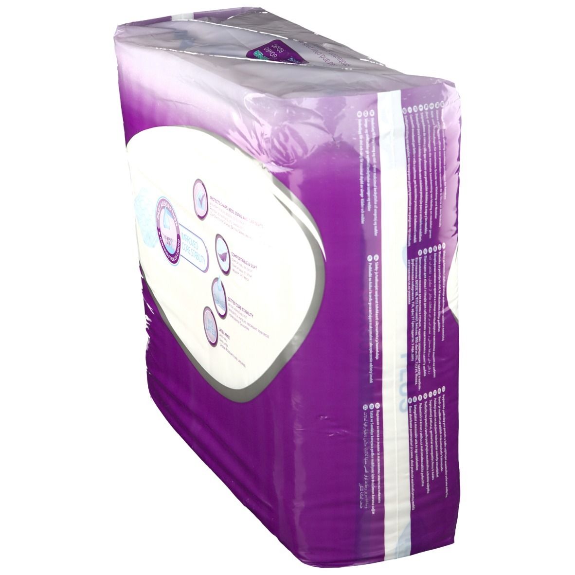 iD PROTECT Plus Verpackung, schräg. Rückseite mit Produktmerkmalen. 'Schutz', 'Komfort', 'Saugfähigkeit'.