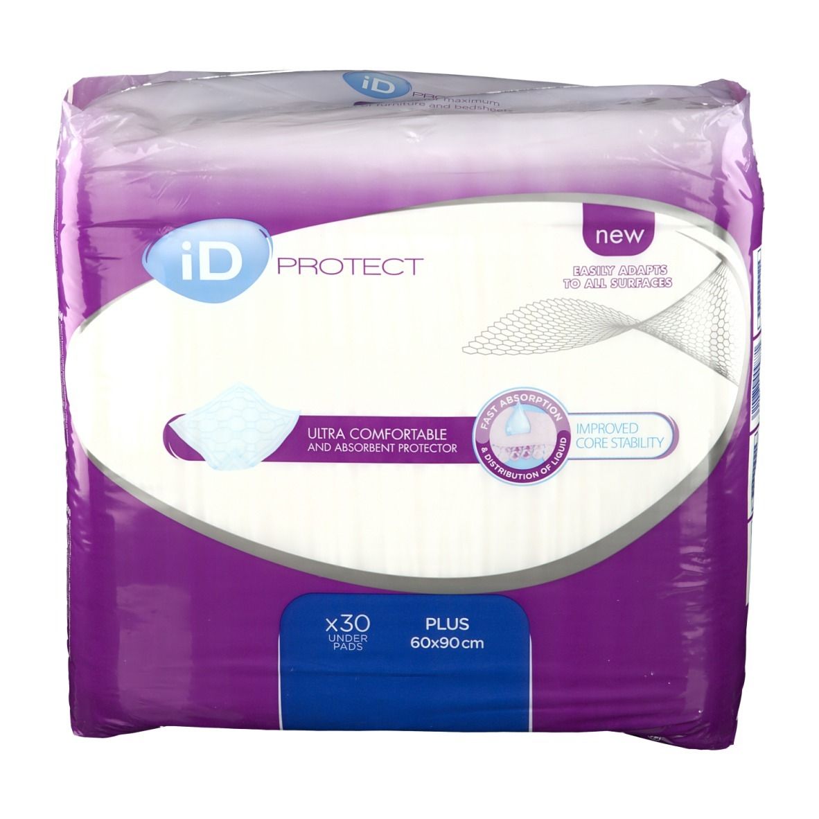iD PROTECT Plus Verpackung. 30 Stück, 60x90cm. 'Ultra bequem und saugfähig'. Mit 'neu' und 'Easy Access'.