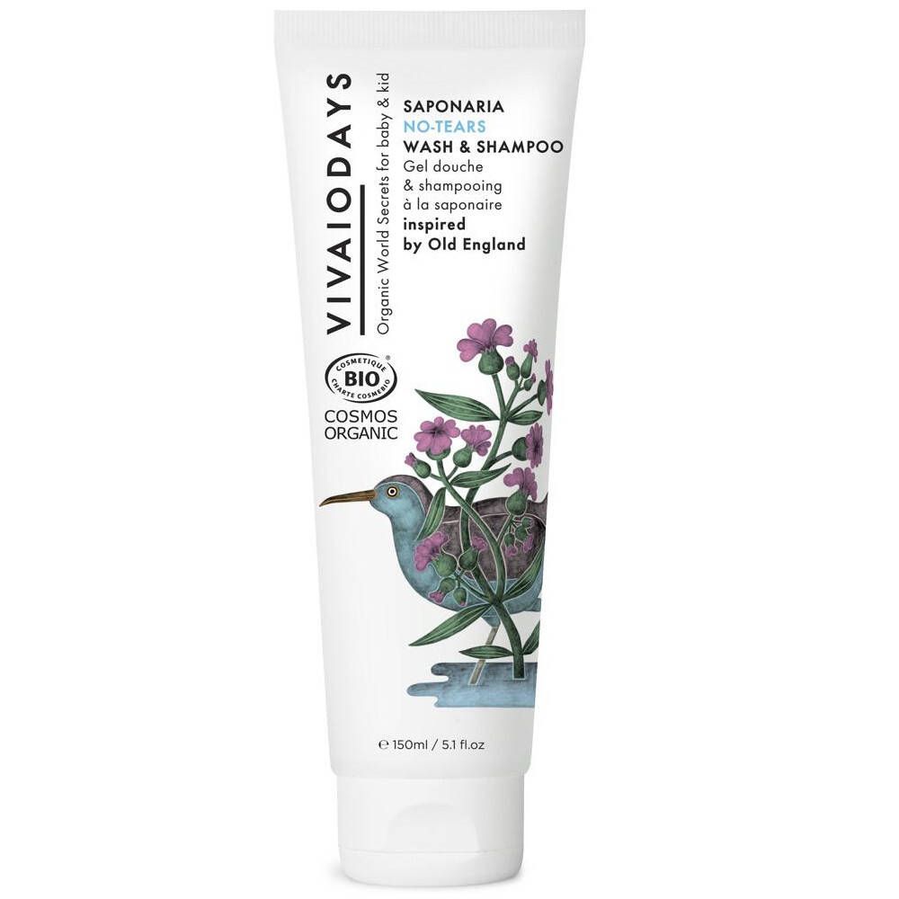 Weißes Tube mit Produktnamen und Illustration. "VIVAIODAYS" und "NO-TEARS WASH & SHAMPOO" sind sichtbar. Bio-Zertifizierung.