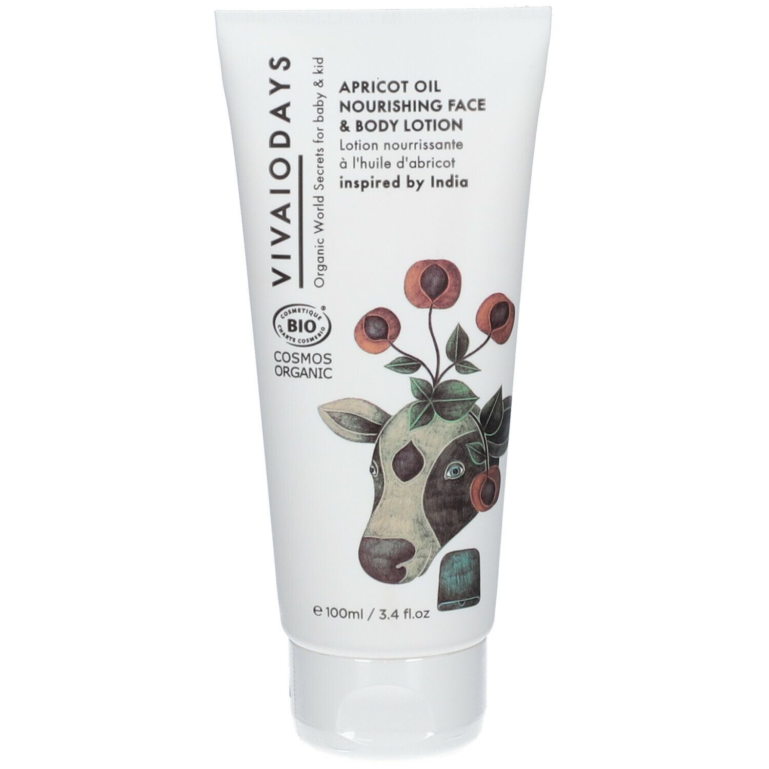 Tube blanc avec inscription 'VIVAIO DAYS' et 'Apricot Oil'. Illustration d'une vache avec des fleurs. Label bio.