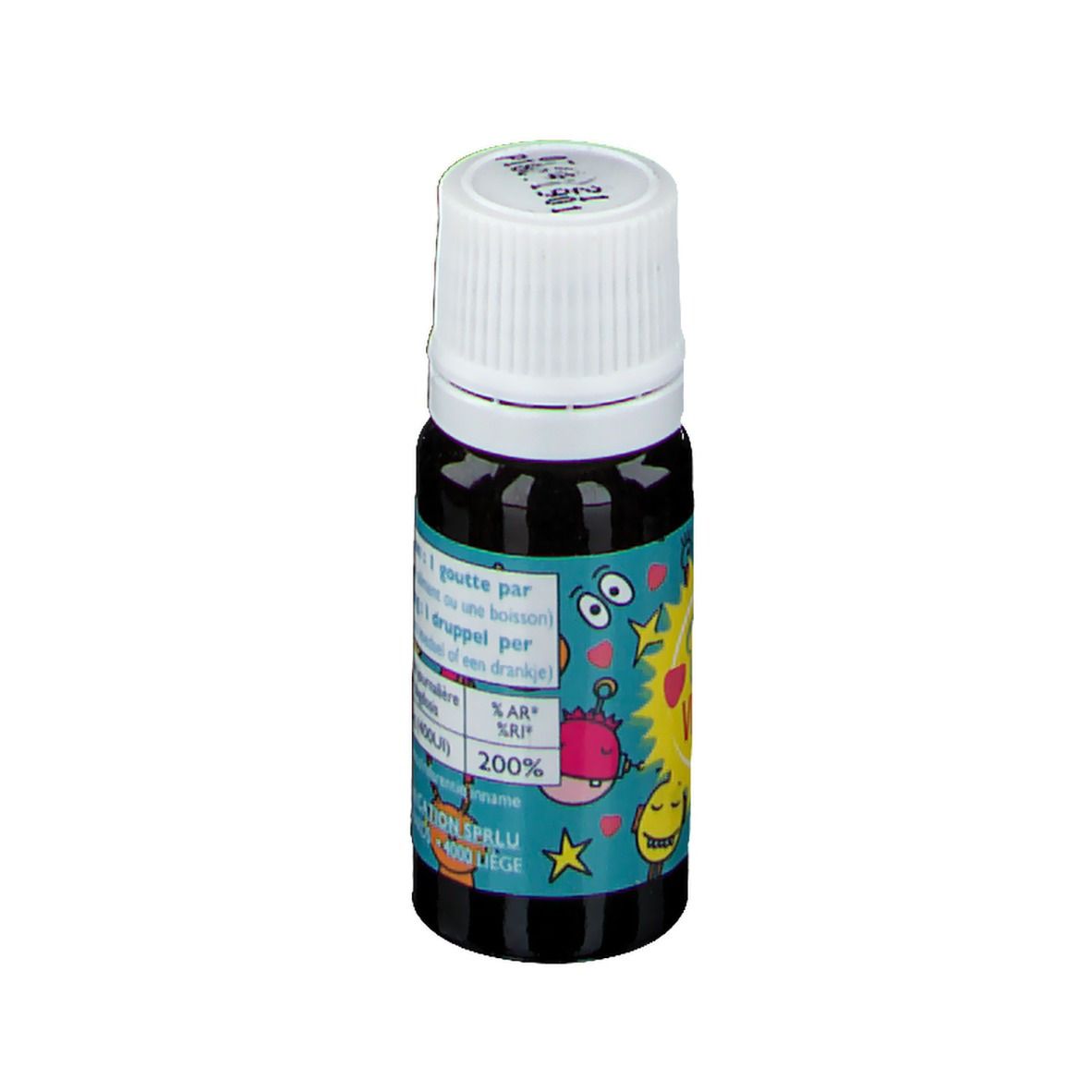 Petite bouteille à bouchon blanc. Inscription 'D3 Vitamine CBF'. Étiquette avec texte et illustrations.