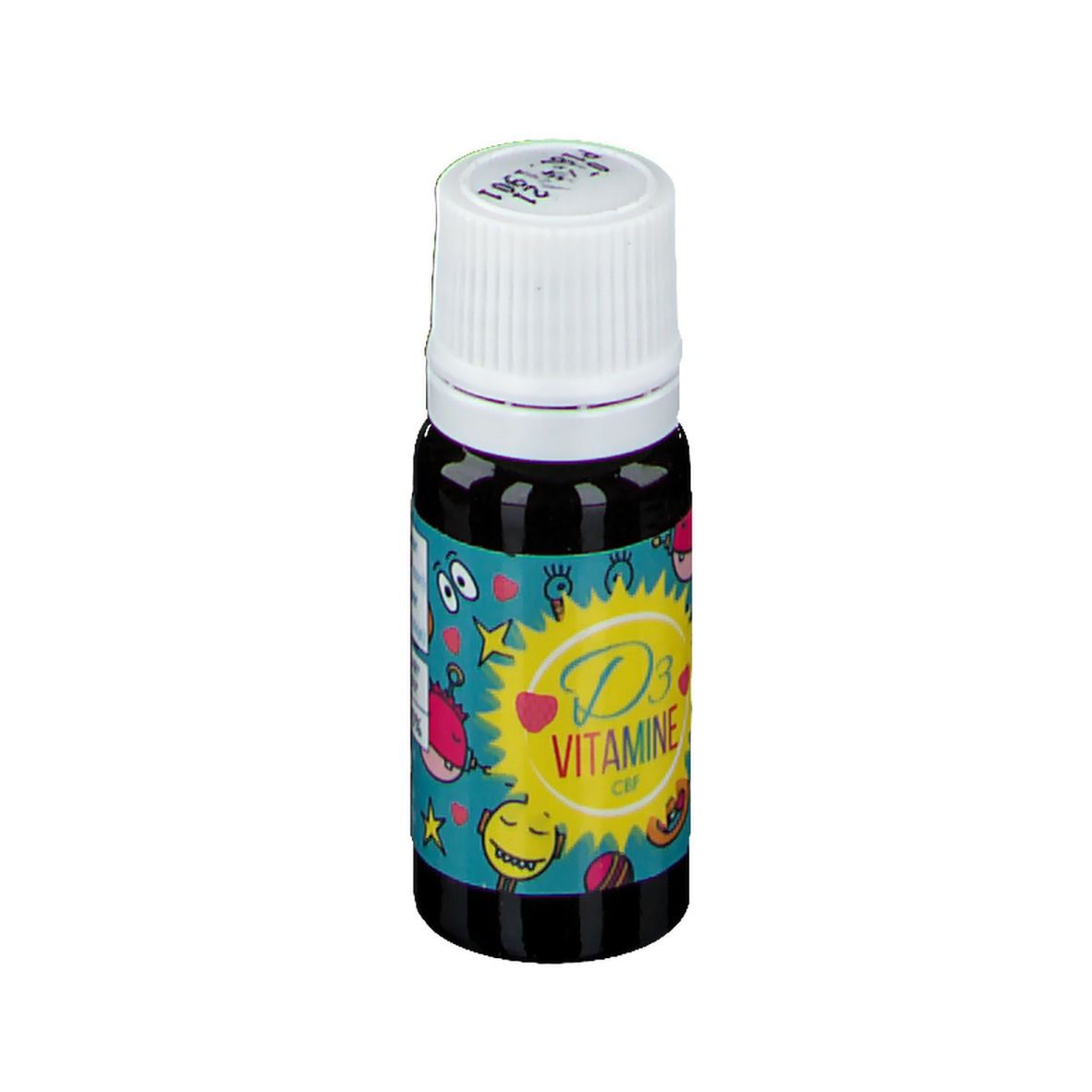 Petite bouteille à bouchon blanc. Inscription 'D3 Vitamine CBF'. Illustrations colorées sur l'étiquette.