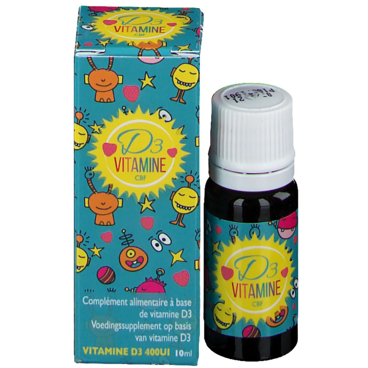 Bouteille et boîte. Inscription 'D3 Vitamine CBF'. Boîte avec illustrations colorées et texte.