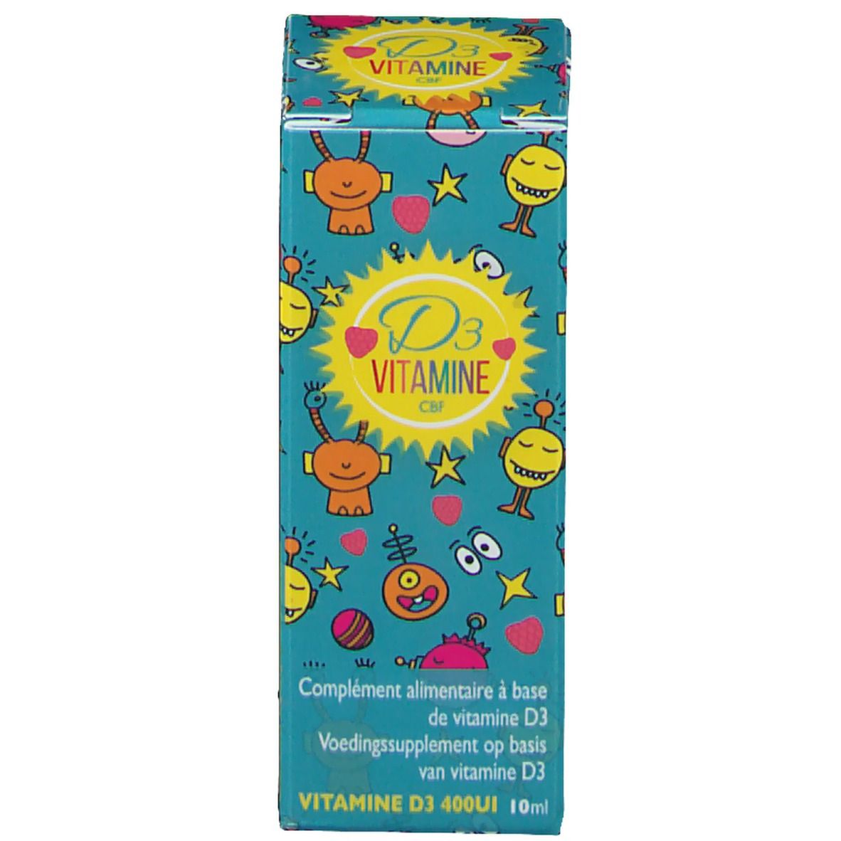 Boîte turquoise avec illustrations colorées. Inscription 'D3 Vitamine CBF' et informations produit.