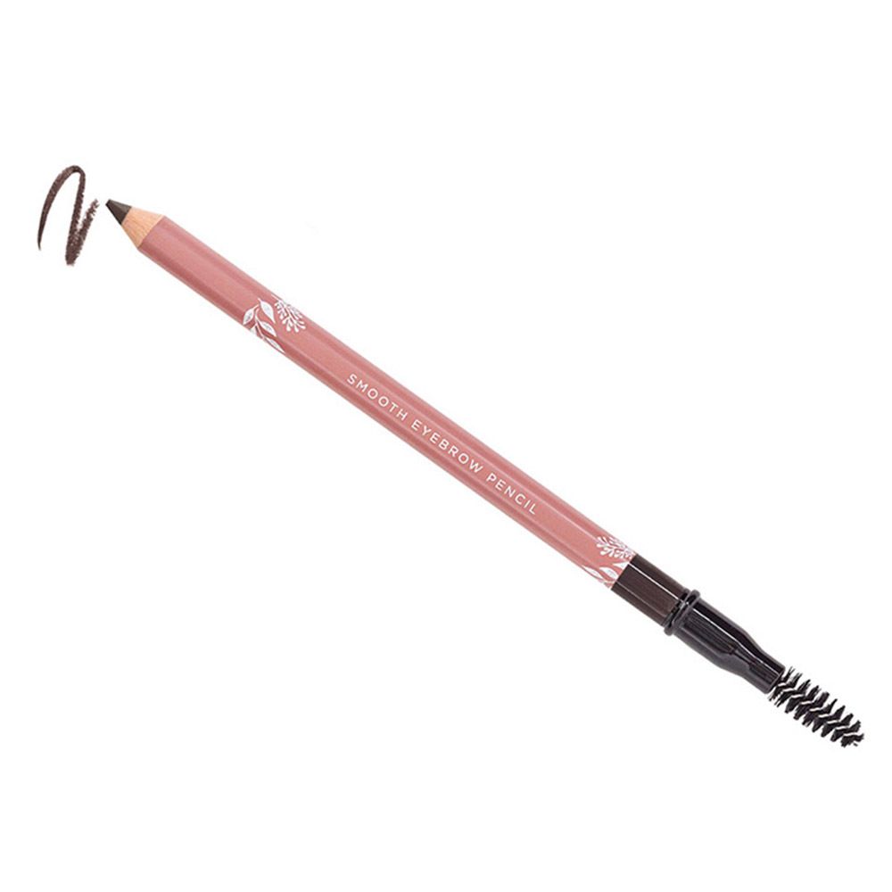 Crayon à sourcils avec brosse. Crayon rose avec mine marron et brosse. Inscription : Smooth Eyebrow Pencil.