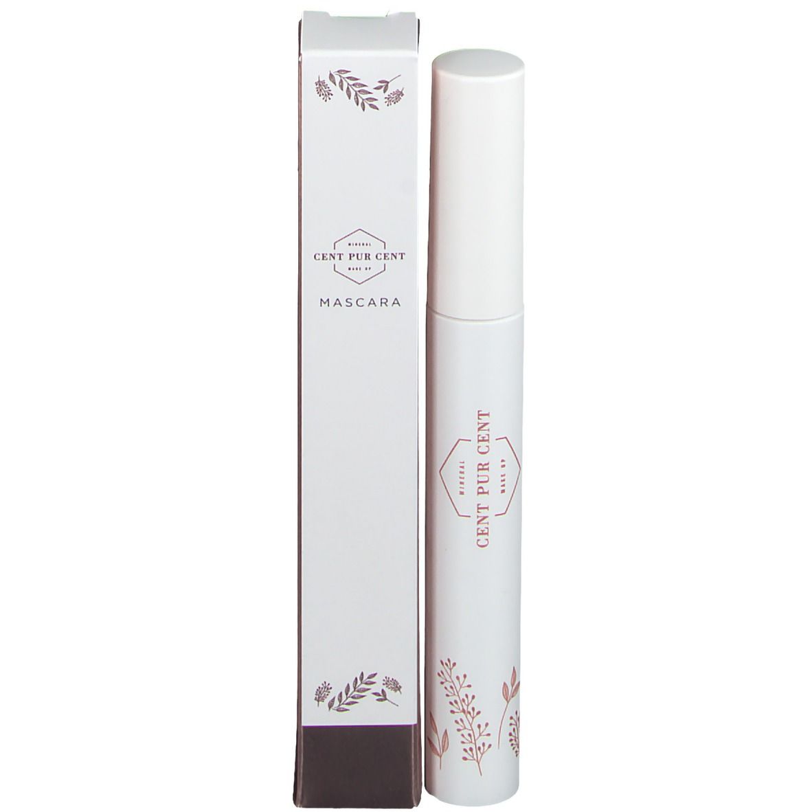 Weiße Mascarahülse und Verpackung. Auf der Verpackung steht CENT PUR CENT und Mascara. Florale Elemente.