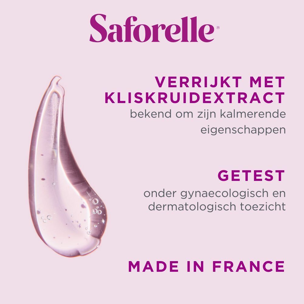 Saforelle-Produkt. Tropfen. Text: Mit Klettenextrakt. Unter gynäkologischer und dermatologischer Aufsicht getestet.