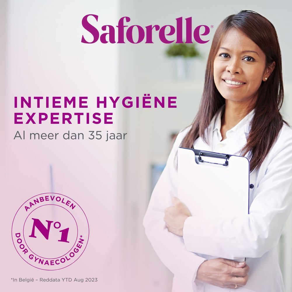 Frau mit weißem Kittel und Klemmbrett. Text: Intime Hygiene Expertise. Empfohlen von Gynäkologen.