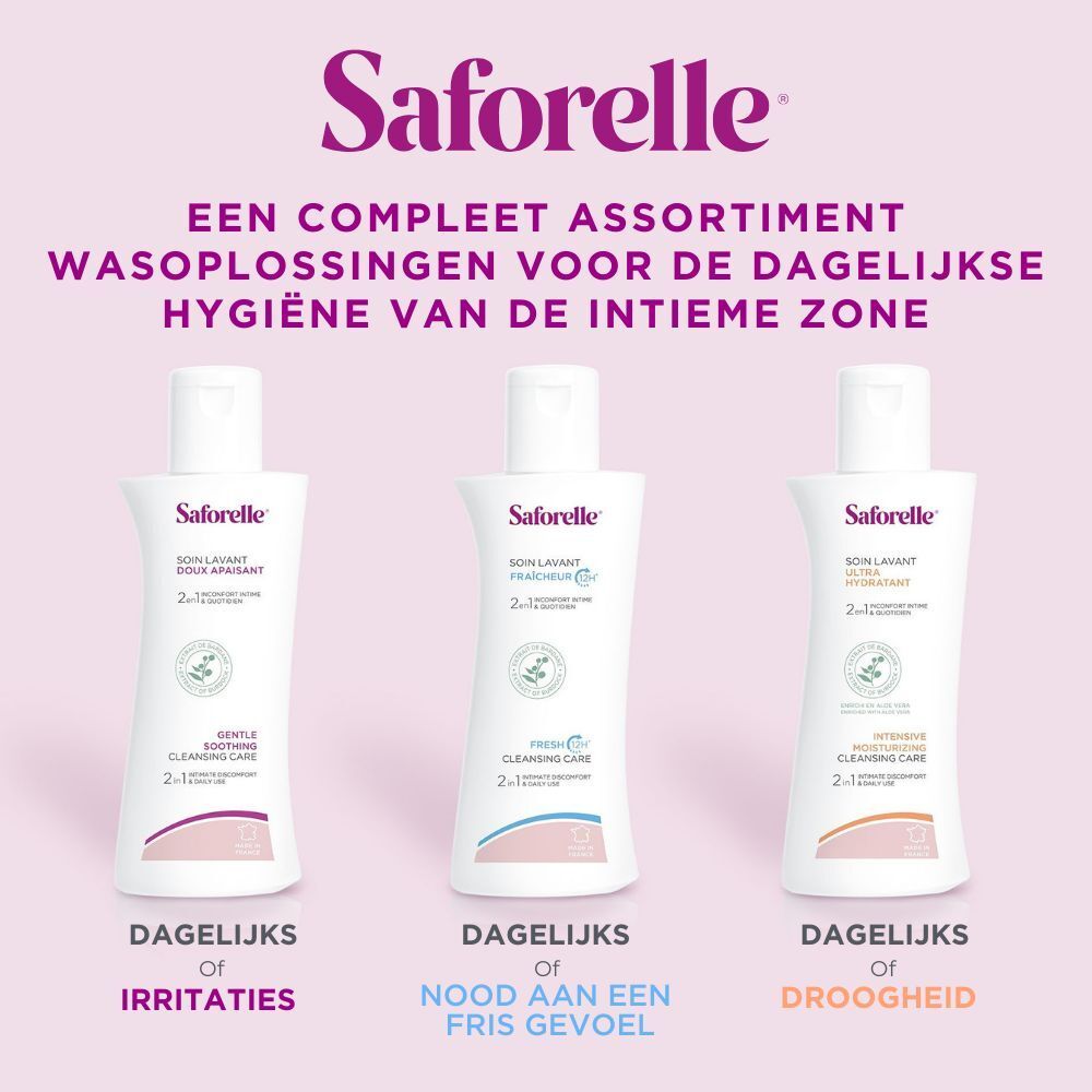 Drei Saforelle-Flaschen. Text: Komplettes Sortiment für die tägliche Intimhygiene. Für Irritationen, Frische, Trockenheit.