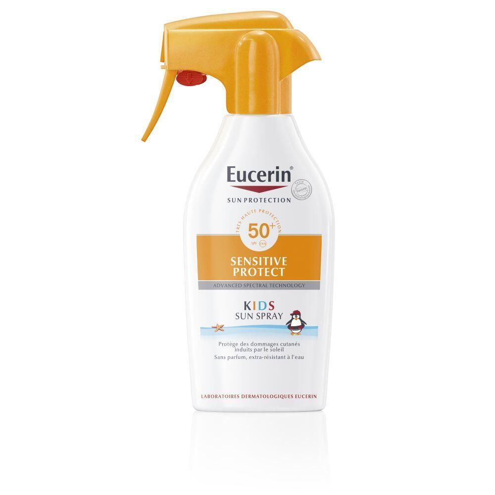 Spray solaire Eucerin Sensitive Protect Kids. Flacon blanc avec vaporisateur jaune. SPF 50. Inscription : Kids Sun Spray.
