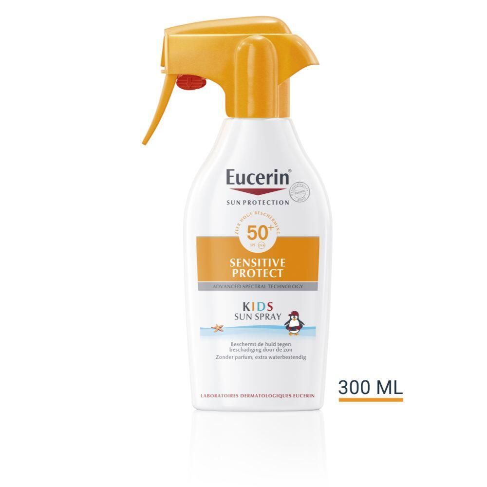 Eucerin Sensitive Protect Kids Sun Spray. Witte fles met gele spraykop. SPF 50. Opschrift: Kids Sun Spray. 300 ml.