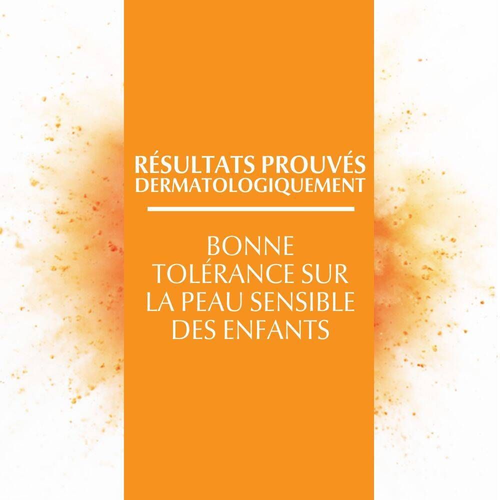 Fond orange avec texte : Résultats dermatologiquement prouvés. Bonne tolérance sur la peau sensible des enfants.