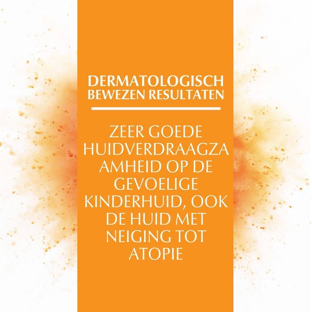 Oranje achtergrond met tekst: Dermatologisch bewezen resultaten. Zeer goede huidverdraagzaamheid.