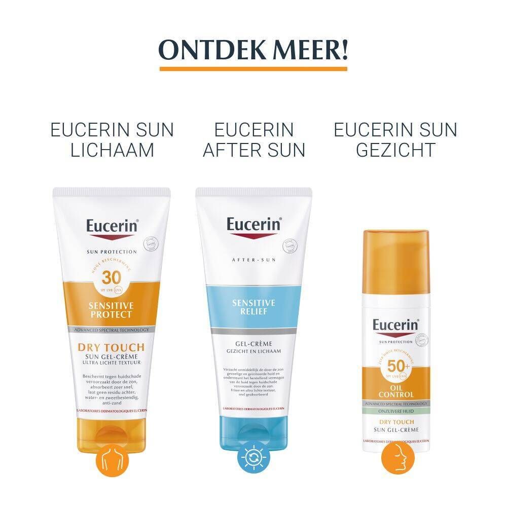 Drie Eucerin-producten. Links: Sun Dry Touch. Midden: After Sun Gel-crème. Rechts: Sun Oil Control. Allemaal met SPF.