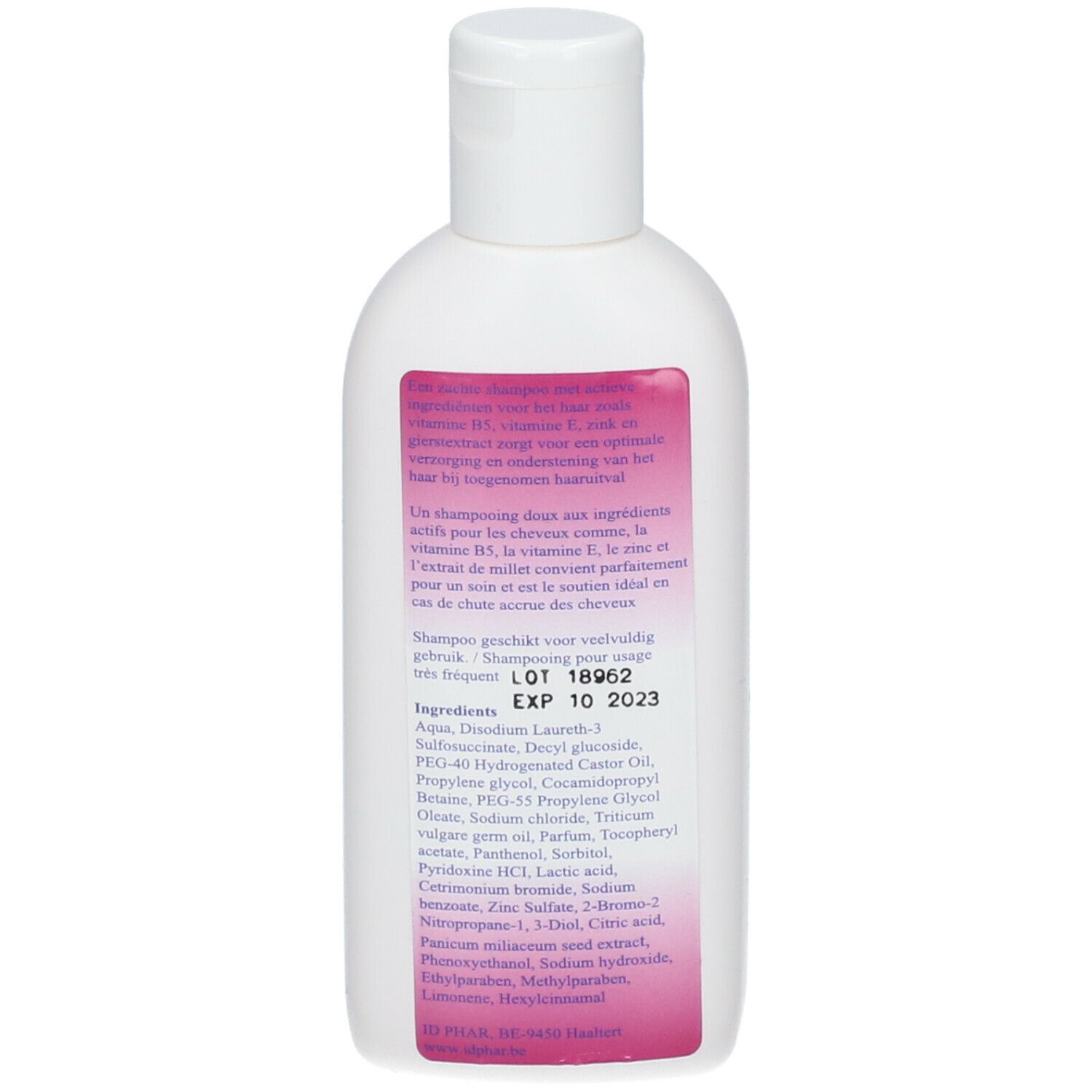 Achterkant van de pilos Shampooing fles. Tekst: Ingrediënten, gebruiksaanwijzing. Roze etiket met witte tekst.