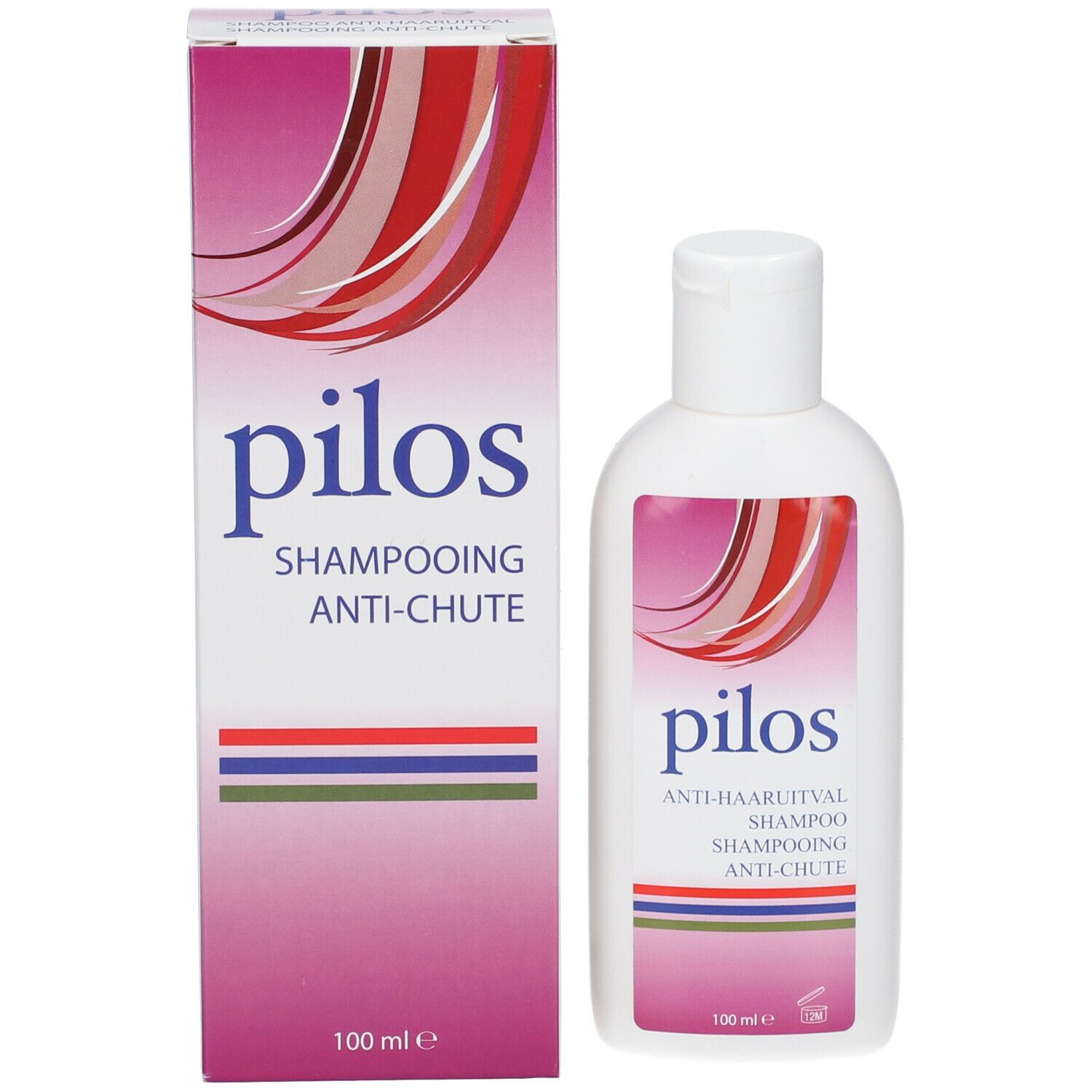 Fles en doos pilos Shampooing. Roze ontwerp met rode en witte strepen. Tekst: Anti-Haaruitval, Shampooing, Anti-Chute.