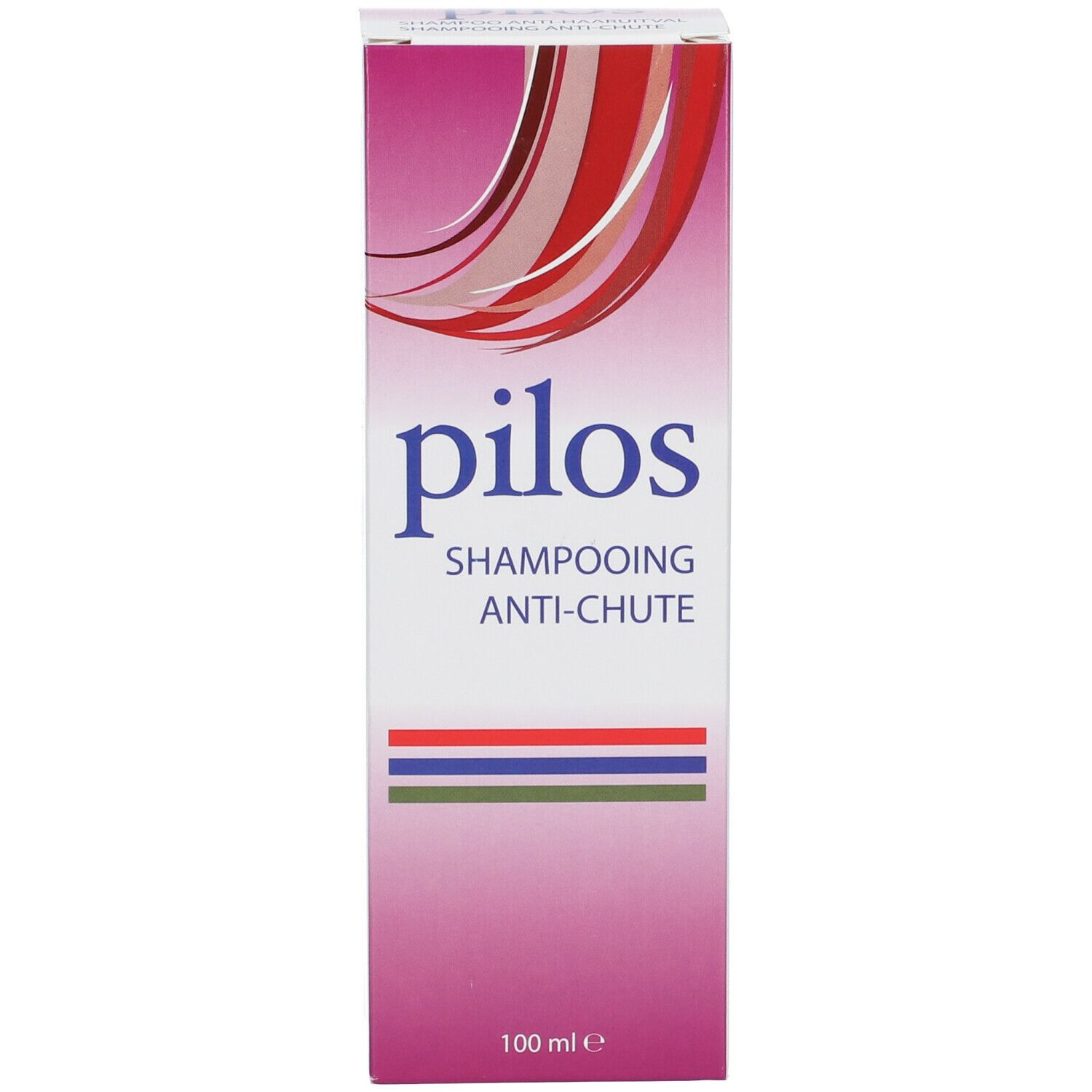 Doos pilos Shampooing. Roze ontwerp met rode en witte strepen. Tekst: Anti-Haaruitval, Shampooing, Anti-Chute.