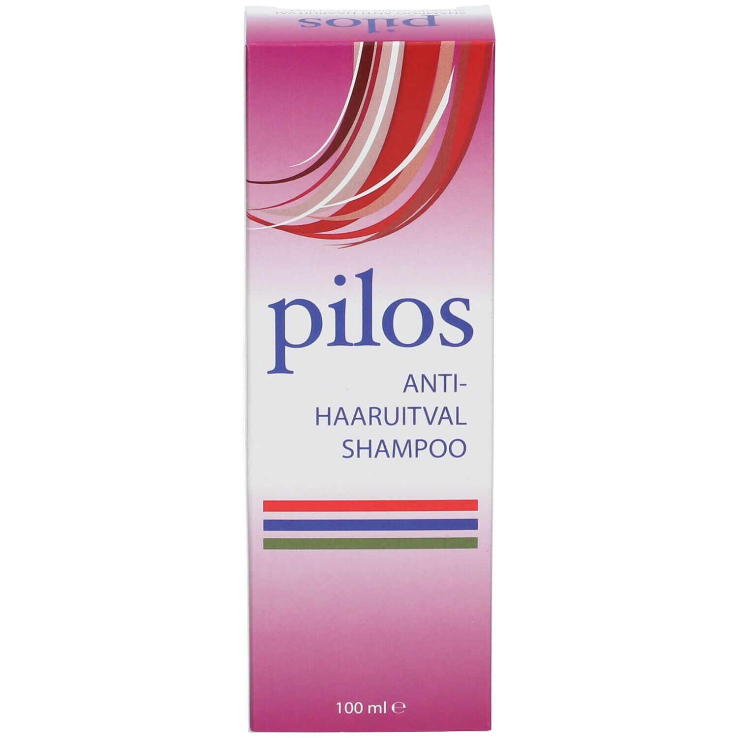 Doos pilos Shampooing. Roze ontwerp met rode en witte strepen. Tekst: Anti-Haaruitval, Shampoo.