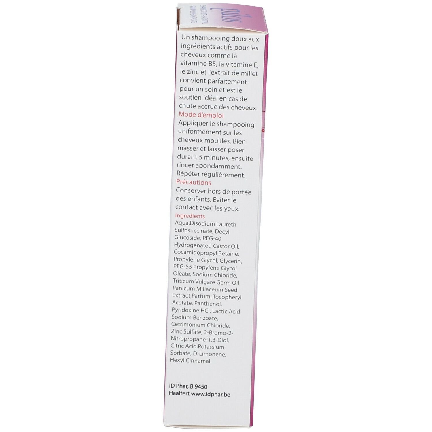 Doos pilos Shampooing. Tekst: Ingrediënten, gebruiksaanwijzing. Roze ontwerp met witte tekst.
