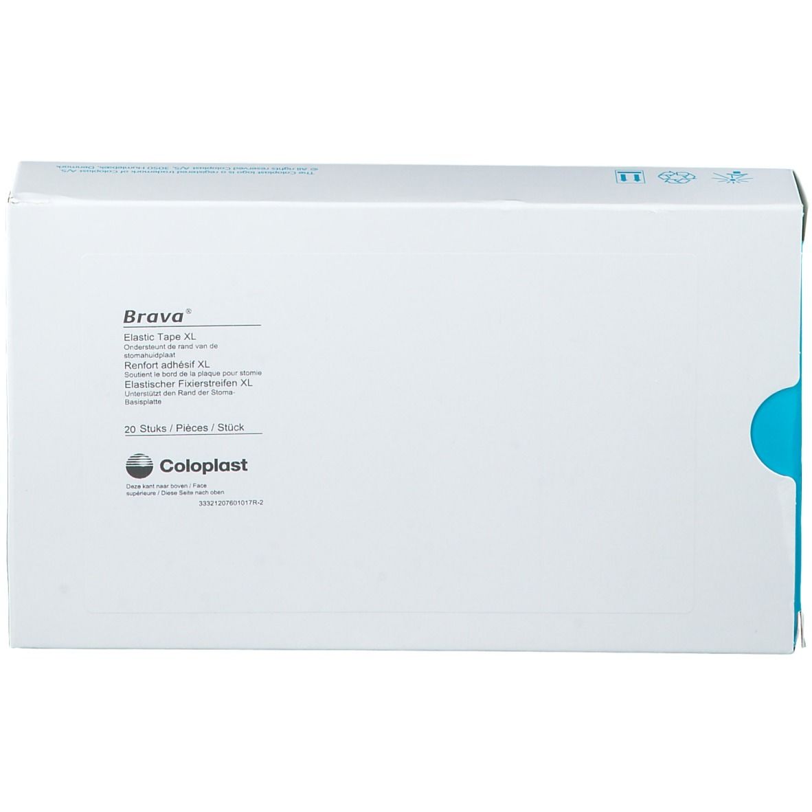 Verpakking Brava Elastic Tape XL. Witte doos met productinformatie en Coloplast-logo. Bevat 20 stuks.