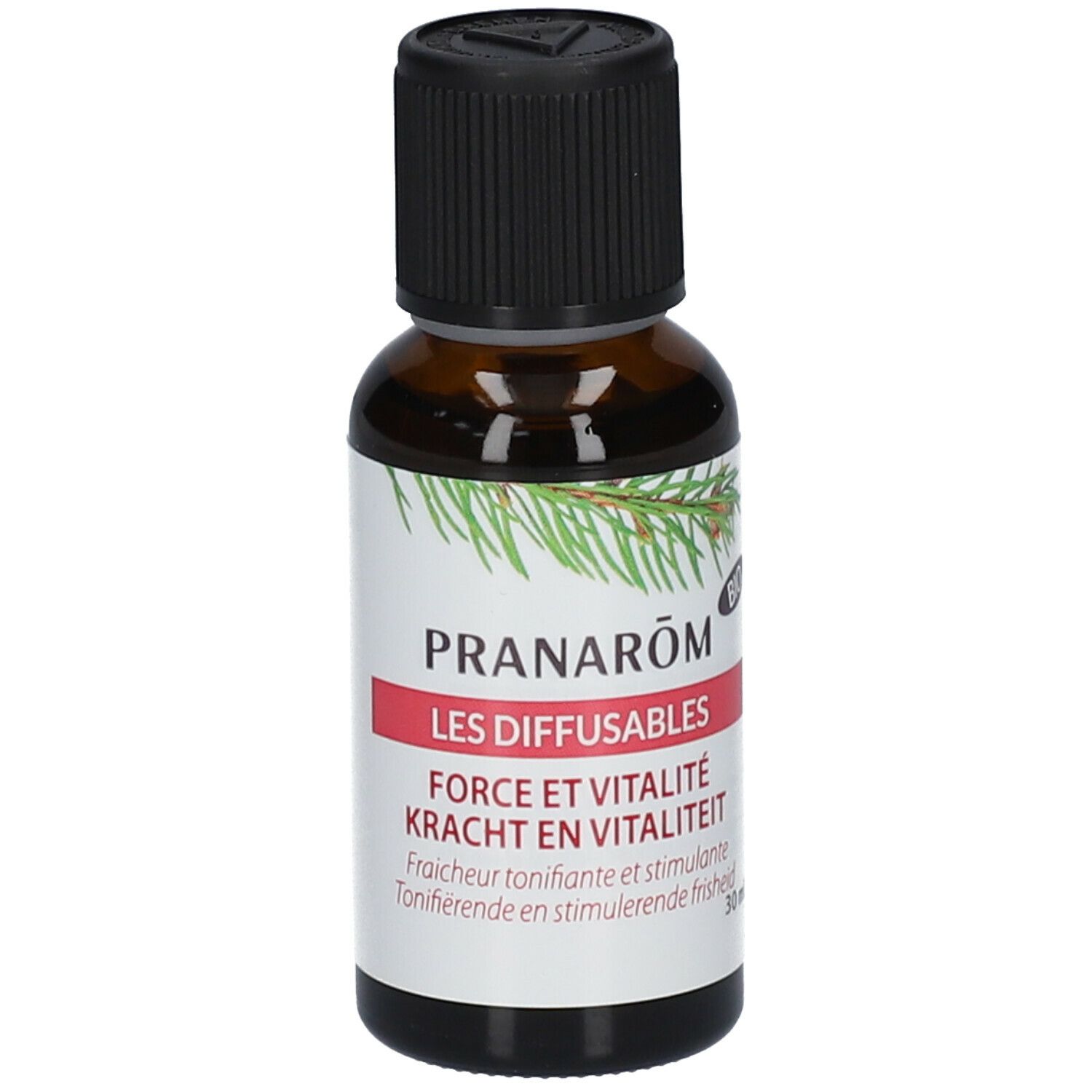 Braune Glasflasche mit schwarzem Deckel. Aufkleber mit Text: Pranarôm, Les Diffusables, Force et Vitalité, Bio-Siegel.