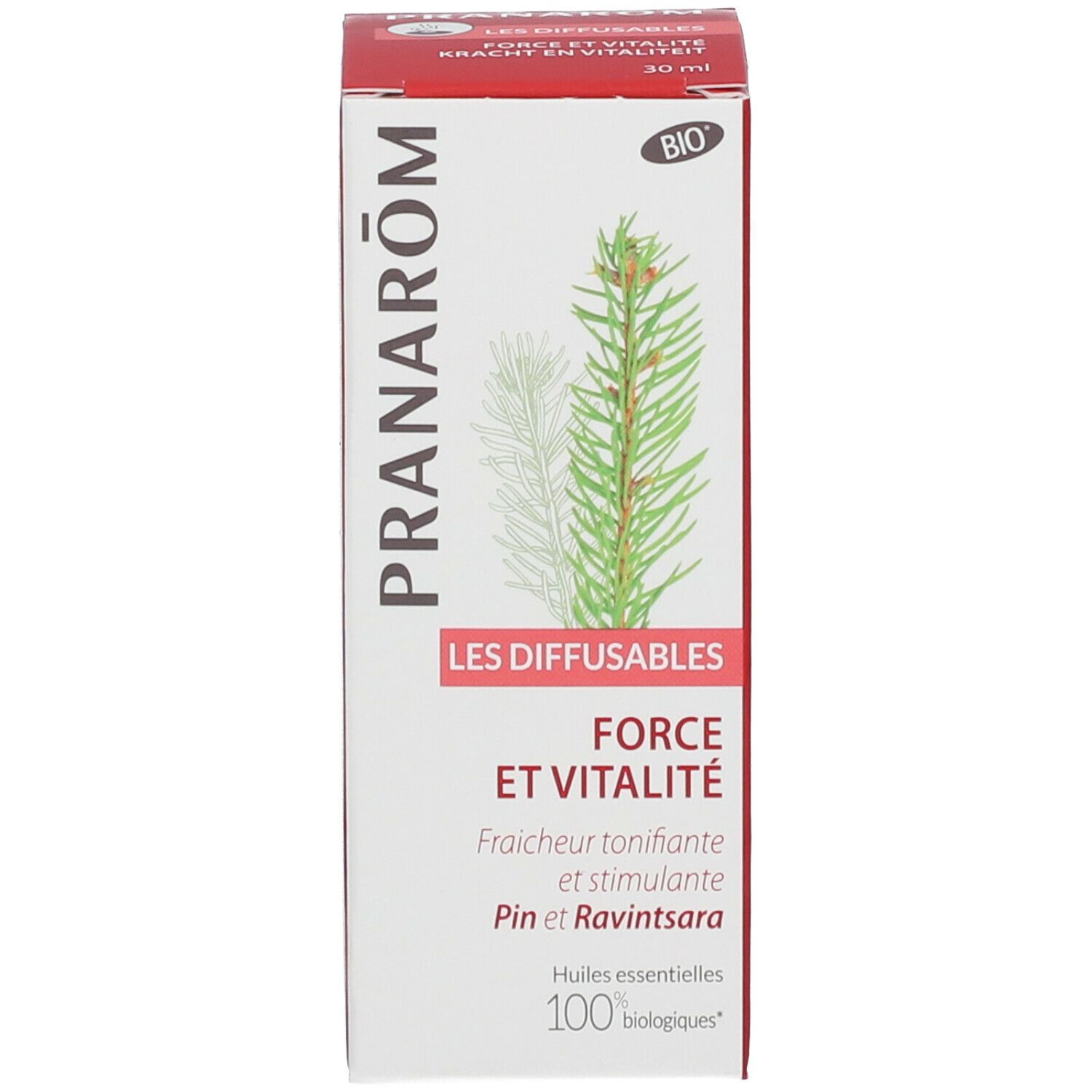Verpackung. Weiß, rot. Text: Pranarôm, Les Diffusables, Force et Vitalité, Pin et Ravintsara, Huiles essentielles 100% biologiques.