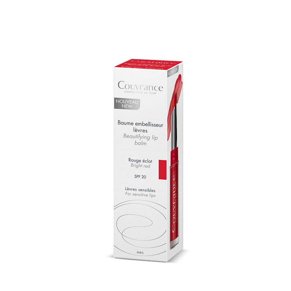 Verpakking voor lippenbalsem. Wit met rode tekst. Productnaam, SPF 20 en productafbeelding.