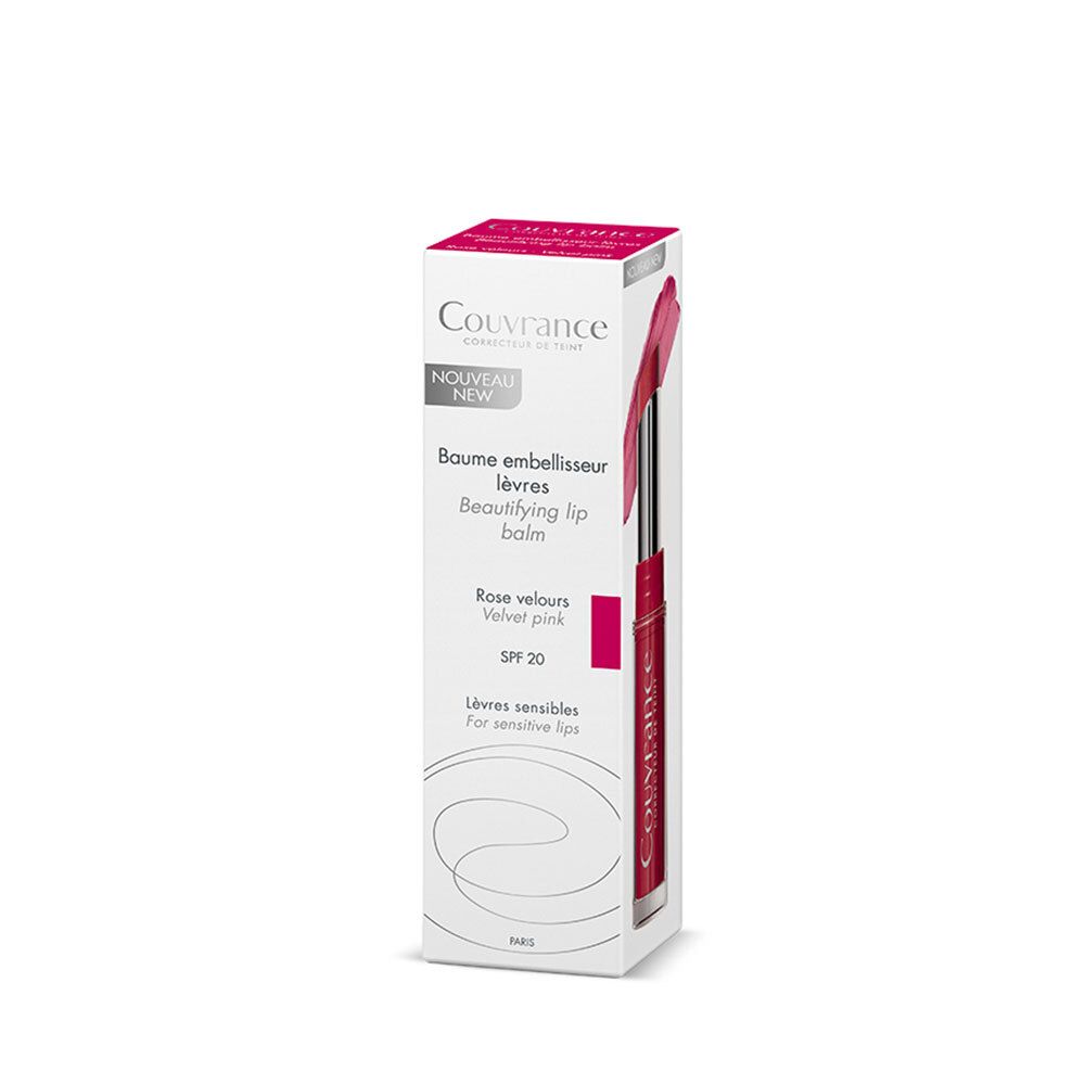Emballage pour baume à lèvres teinté rose velours. Produit et emballage montrent la marque Couvrance.