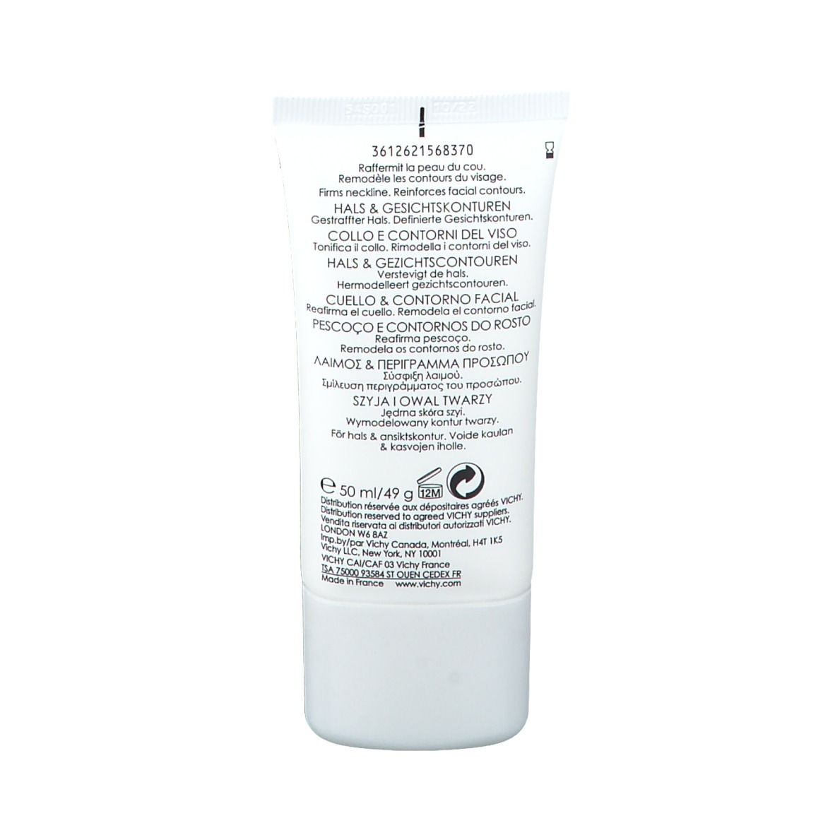 Produktverpackung mit Creme-Tube. VICHY-Logo, Produktname NEOVADIOL PHYTOSCULPT. Aufschrift: Hals & Gesichtskonturen.
