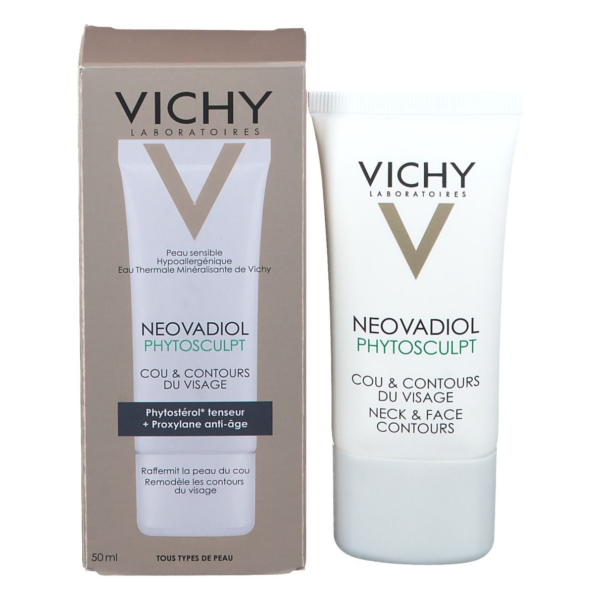 Produktverpackung mit Creme-Tube. VICHY-Logo, Produktname NEOVADIOL PHYTOSCULPT. Aufschrift: Hals & Gesichtskonturen.