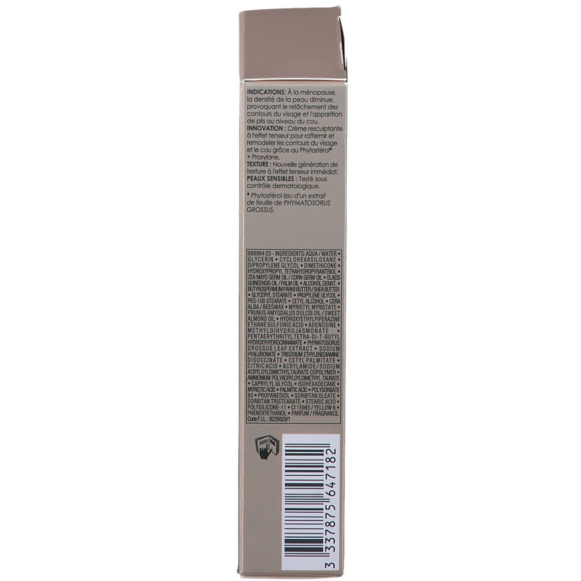 Produktverpackung mit Creme-Tube. VICHY-Logo, Produktname NEOVADIOL PHYTOSCULPT. Aufschrift: Hals & Gesichtskonturen.