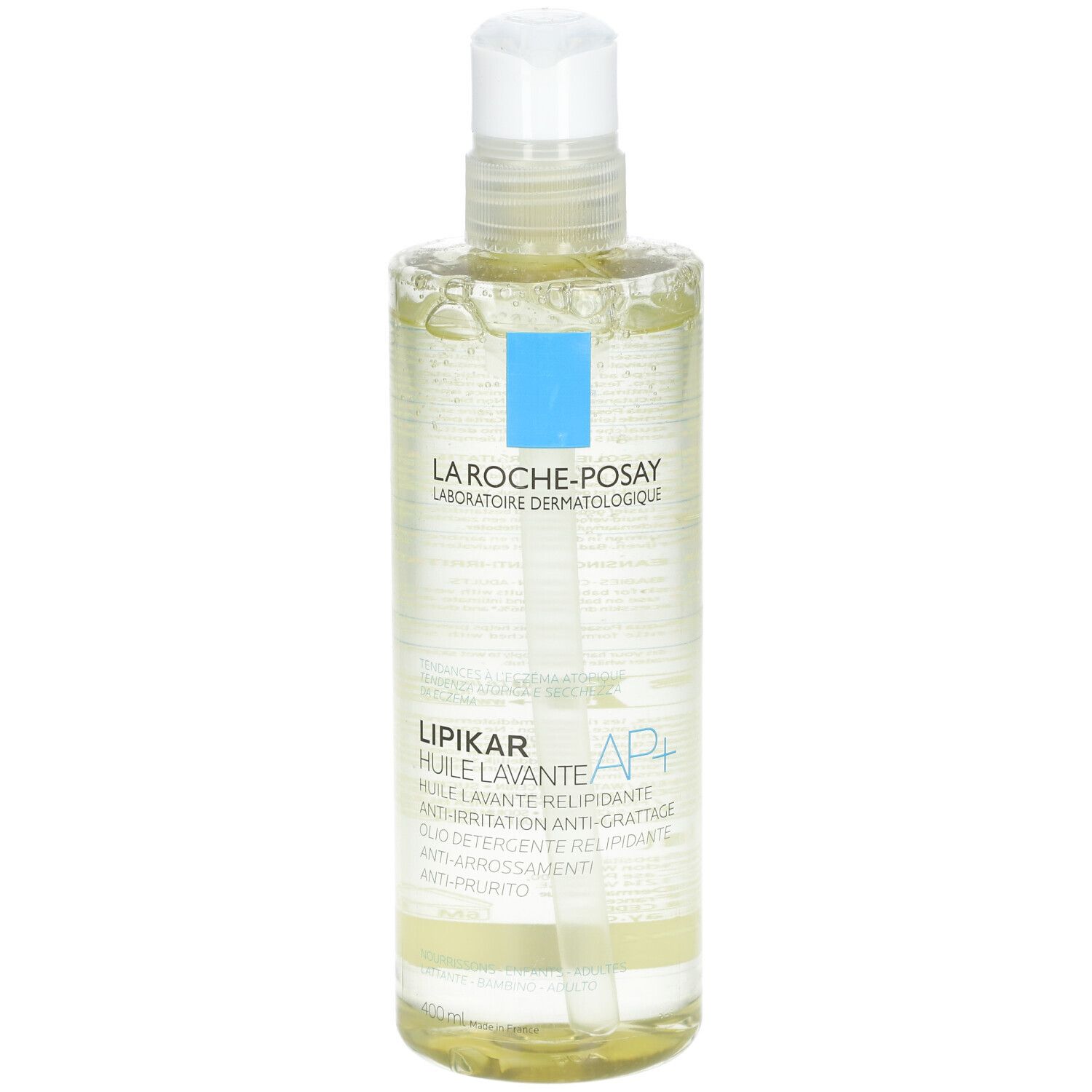La Roche-Posay Lipikar Douch- en Badolie AP+. Fles met pomp. Transparante olie. Blauw logo.