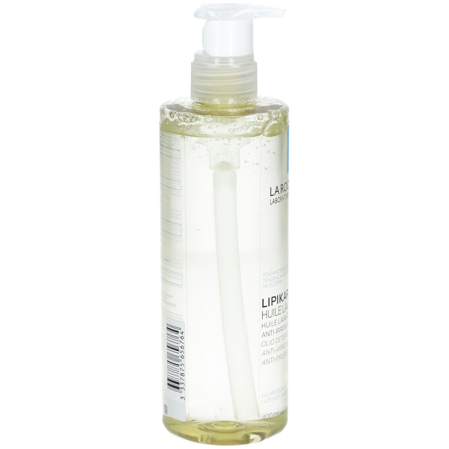 La Roche-Posay Lipikar Douch- en Badolie AP+. Fles met pomp. Transparante olie. Achterkant.