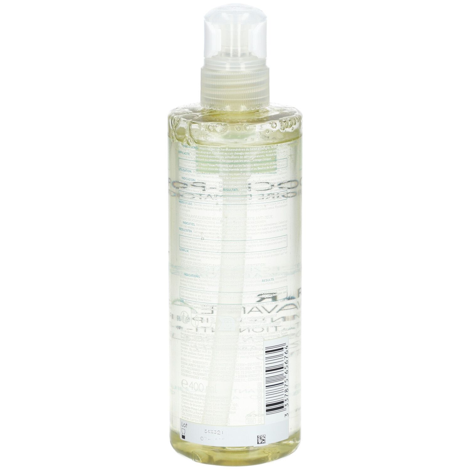 La Roche-Posay Lipikar Douch- en Badolie AP+. Fles met pomp. Transparante olie. Achterkant.